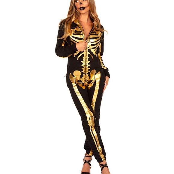 NWT "Tipsy Elves" Gold Metallic Skeleton Hooded Zip Jumpsuit Onesie HALLOWEEN - Picture 4 of 14